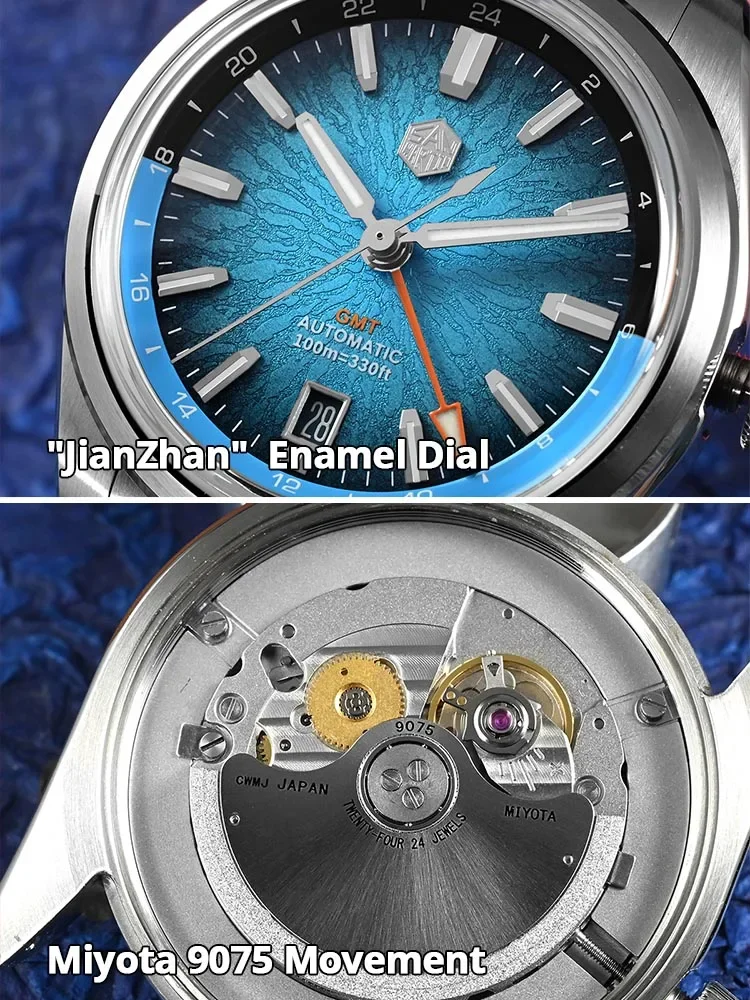 San Martin New 39mm Enamel JianZhan GMT Miyota 9075 Watch Luxury Gada Men Automatic Mechanical Dress Watch Chinese Style SN0144