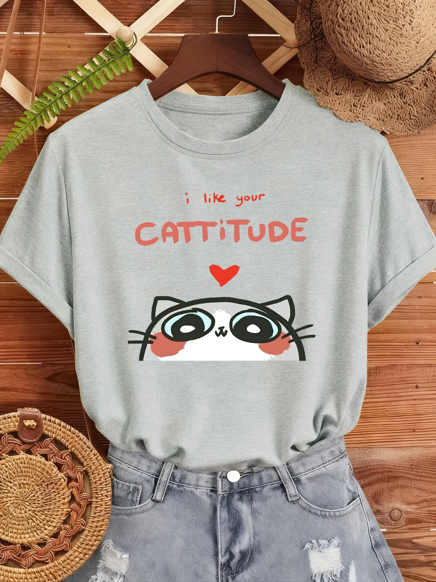 Camisetas con estampado de gato bonito I Like You Cattitude, camiseta de verano para mujer, ropa informal estilo Hip Hop, ropa informal que combina con todo