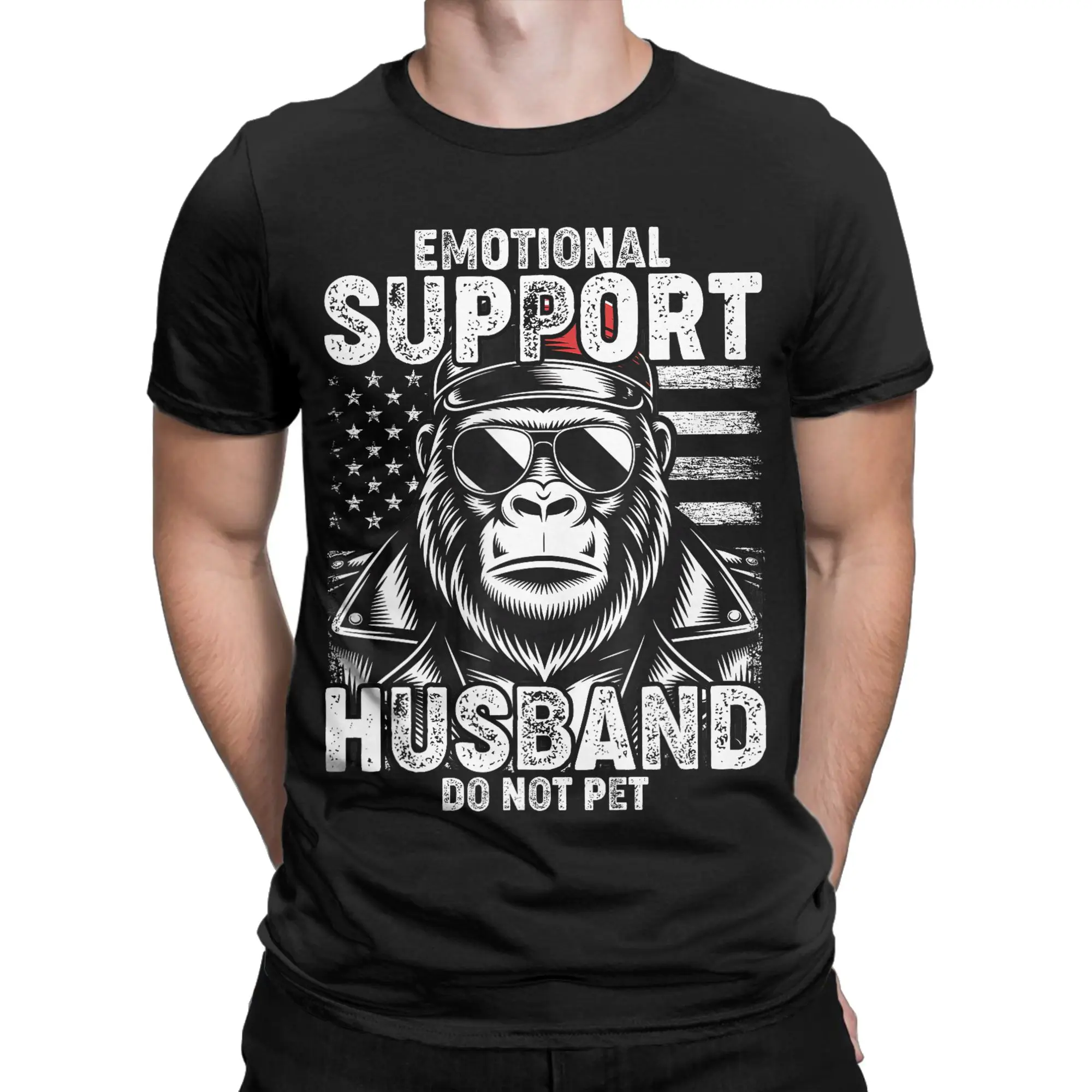 Emotional Support Husband Do Not Pet Funny Monkey T-Shirt Men Unique Cotton Tee Shirt Round Neck Short Sleeve T Shirts Clothing