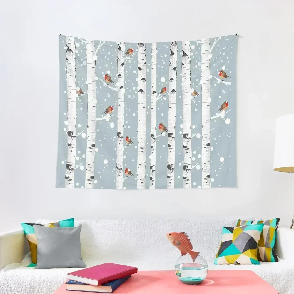 Birch trees forest and robin bird, this is redbreast in winter forest, perfect for natura lovers Tapestry Wall Decor Tapestry