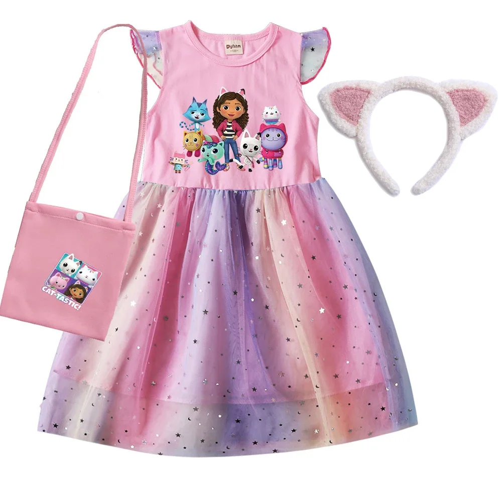 2024 Girls Summer Dresses Gabbys Dollhouse Girls Cat Tastic Costumes Kawaii Kids Birthday Party Princess Dress with Headwear Bag