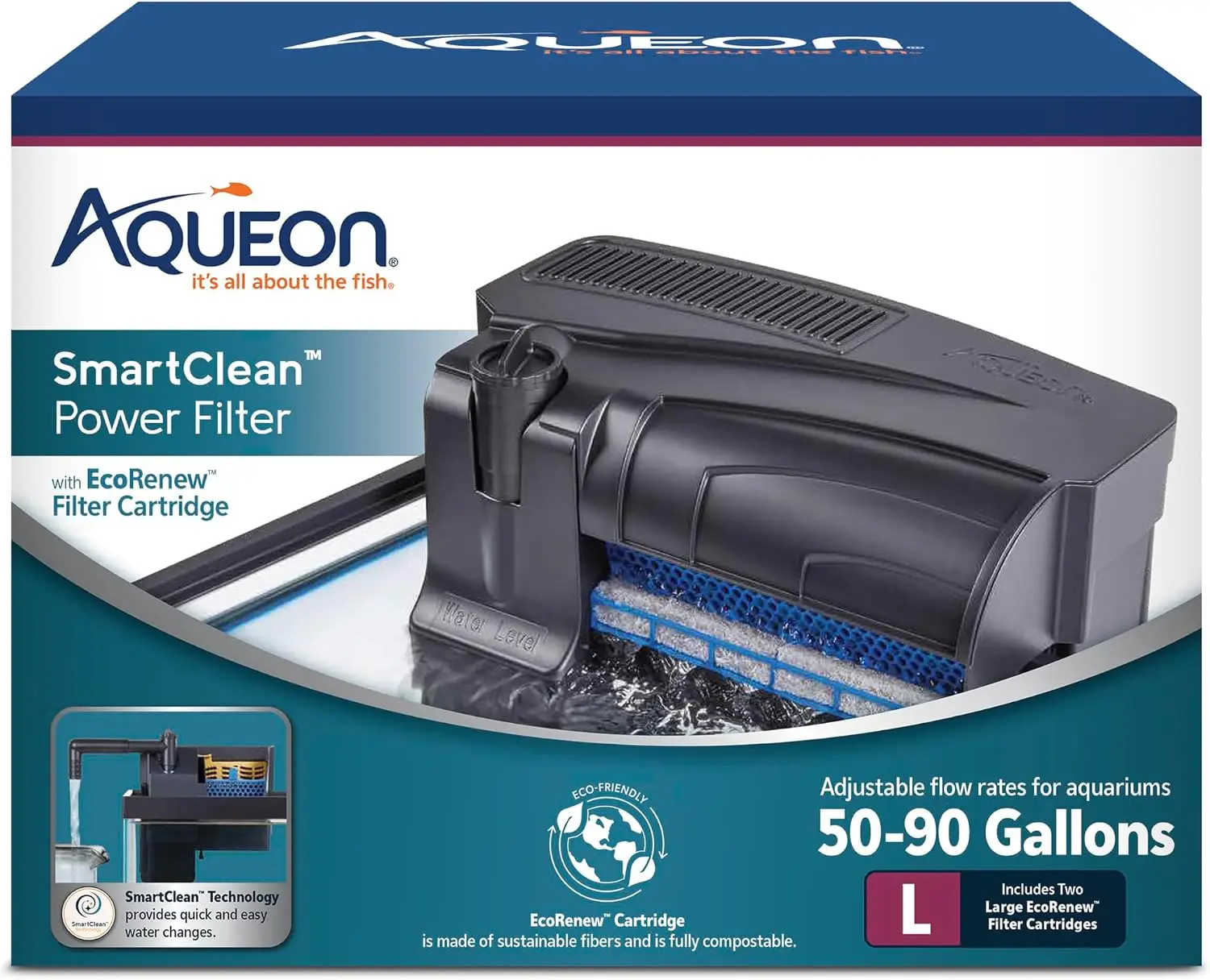 Large Aquarium Power Filter with Filter Cartridge, Adjustable Flow, Quiet Operation, Quick and Easy Water Changes, for 50-90 Gallon Freshwater and Saltwater Tanks