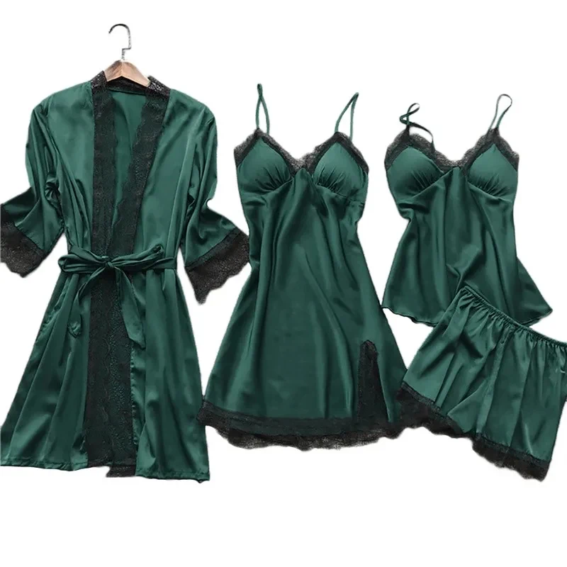 Four Piece Set of Women\'s Green Lace Trimmed Pajama Set Women\'s Home Long Robe Paired with Suspender Straps Pajama Set