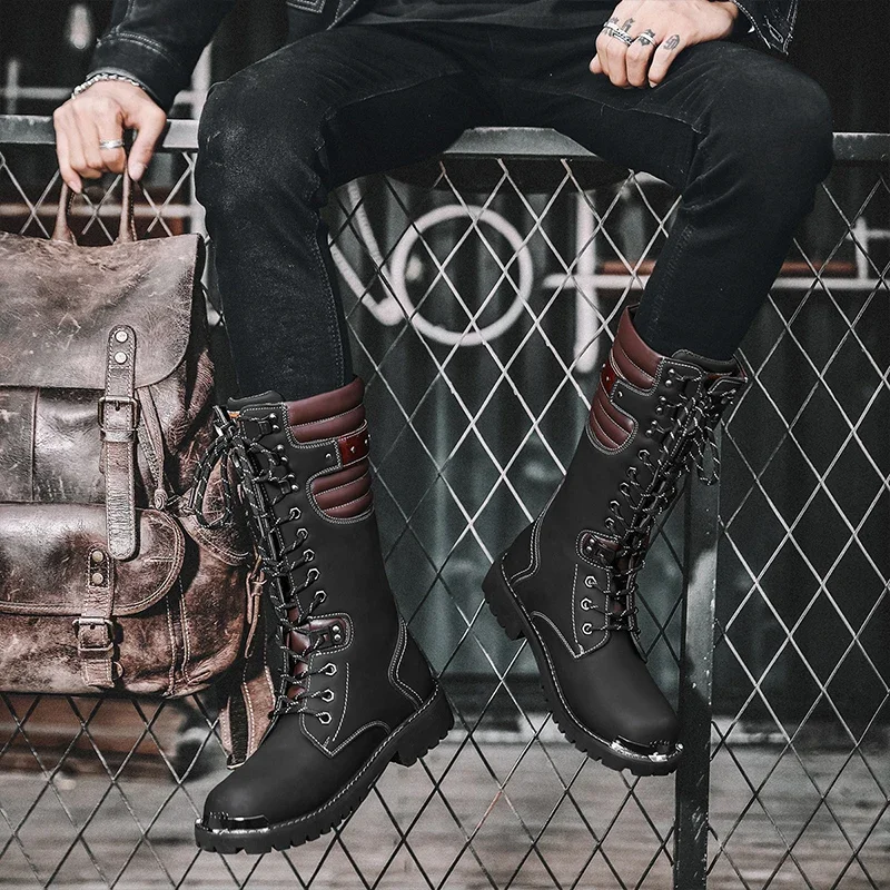 Winter High Heel Men Boots Casual Fashion Punk Motorcycle Boots Lace-up Leather High Black Biker Solid Boot Military Men Shoes