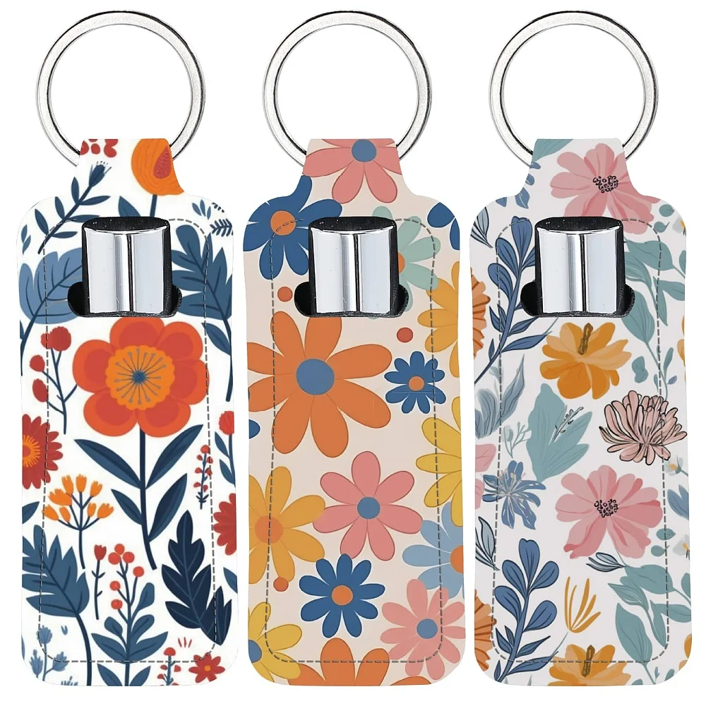 Chapstick Holder Keychain Flowers Lip Balm Pouch Leaves Chrysanthemum Rectangle Neoprene Printed Rubber Lipstick Portable Pocket