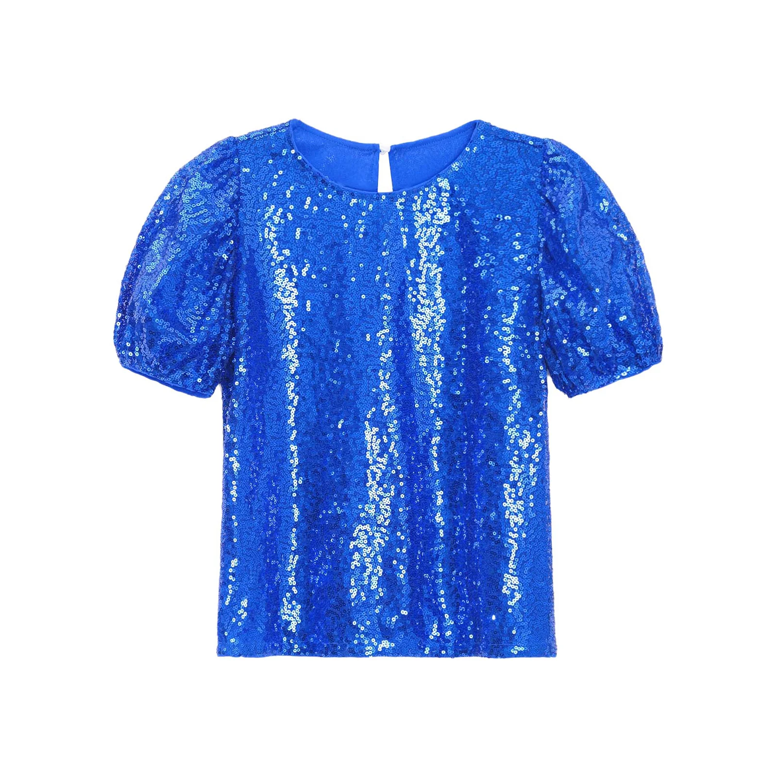 Kids Girls Shirt Shiny Sequins Short Puff Sleeves Top for Party Disco Jazz Dance Cheerleading Performance Competition Dancewear