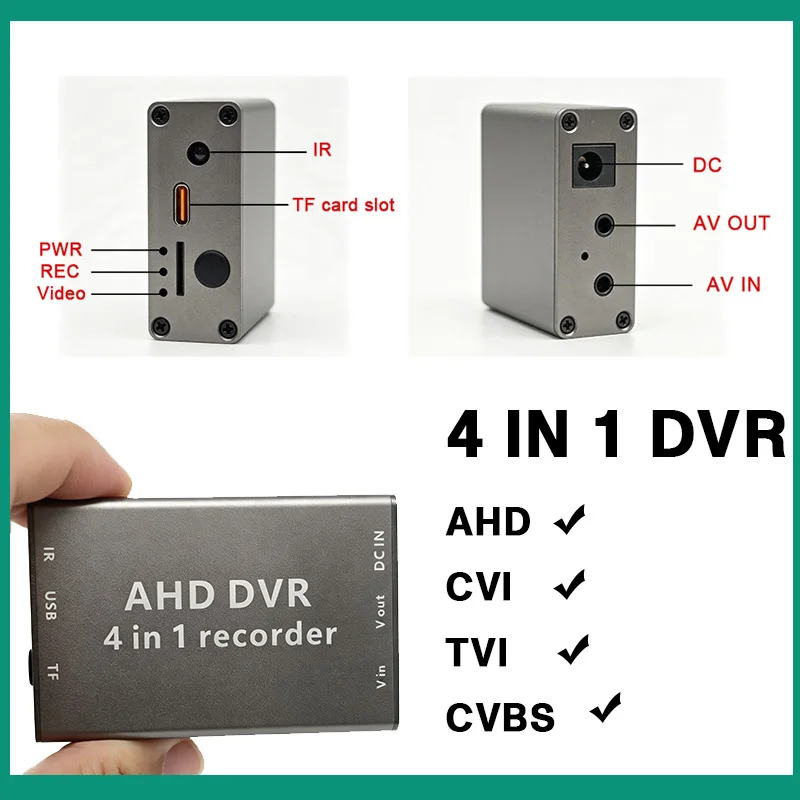 4 in 1 Mini HD DVR Recorder 1080P AHD TVI CVI CVBS CCTV Video Recorder Support 256GB Micro SD Card USB-C Recording 4CH