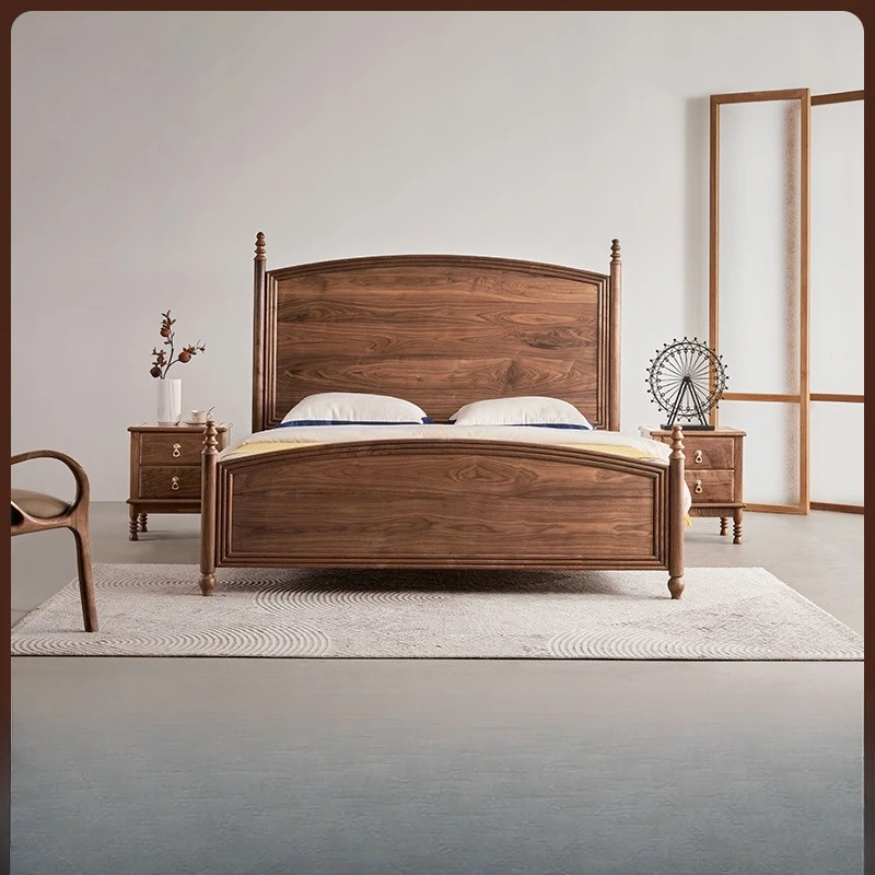 

High-end log queen bed North American black walnut modern simple master bedroom double bed minimalist style furniture high