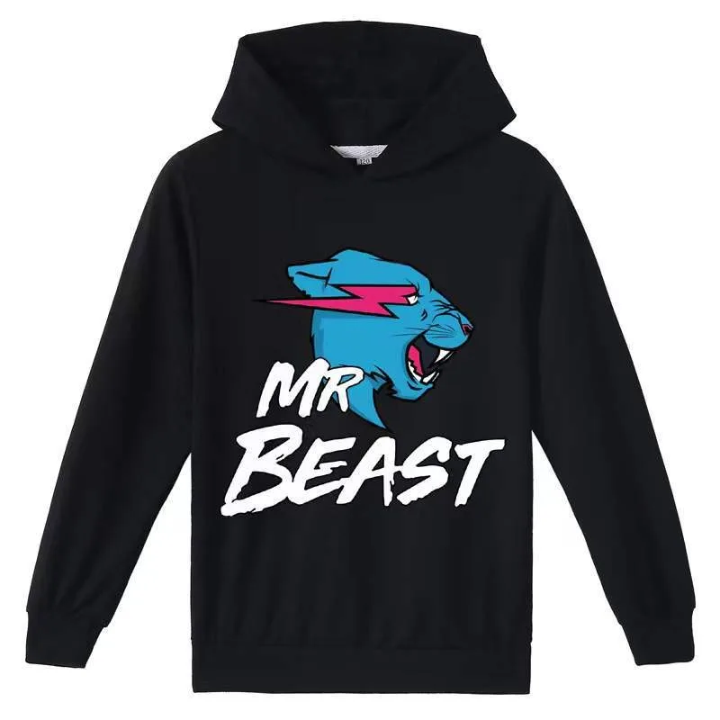 Mr Beast Lightning Cat Cartoon-Animationsmuster bedruckter Kinder-Kapuzenpullover für Herbst und Winter, Fleece, lässiger Mode-Pullover