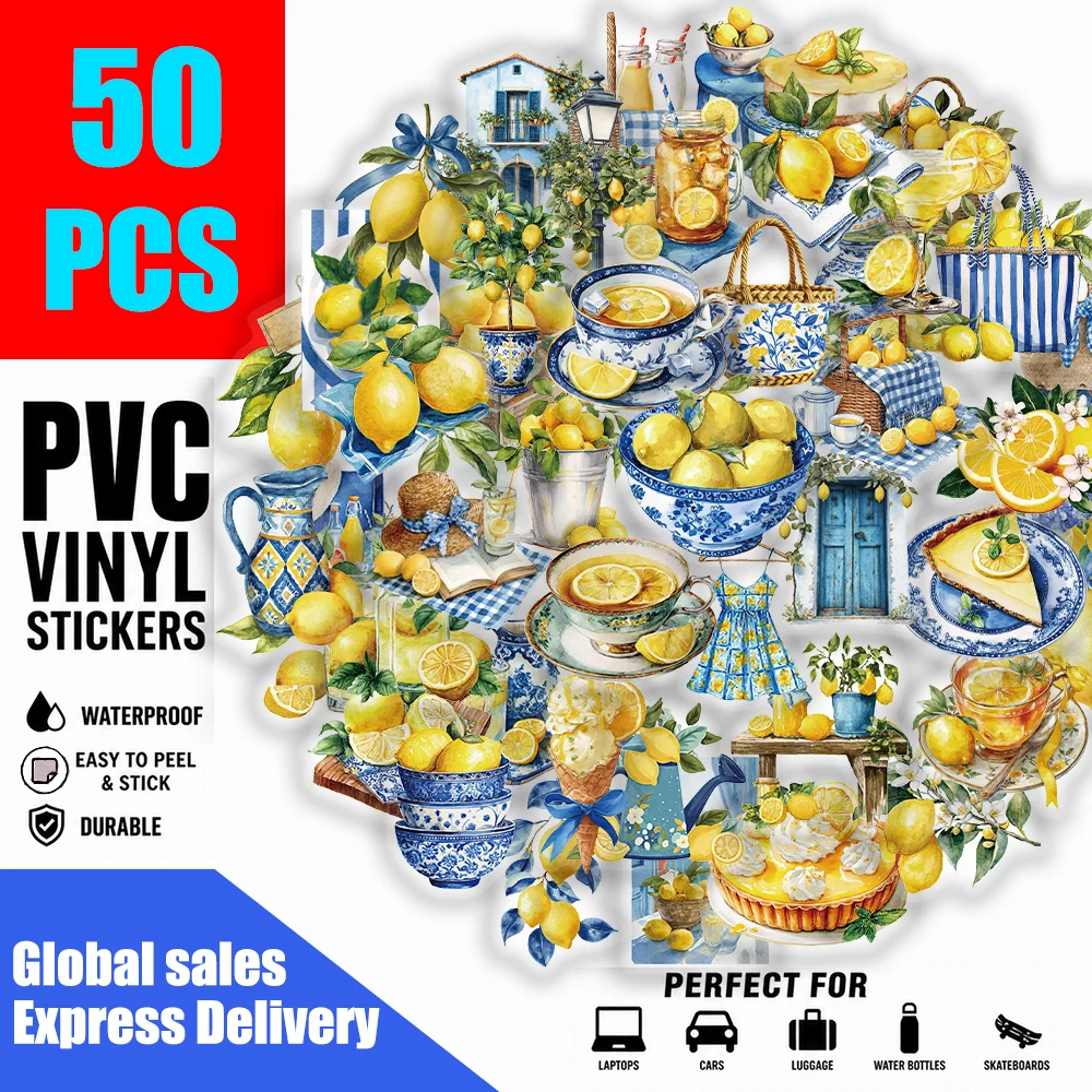 50pcs exquisite and fun lemon themed hand drawn DIY stickers for decorating phone cases, laptops, and guitars