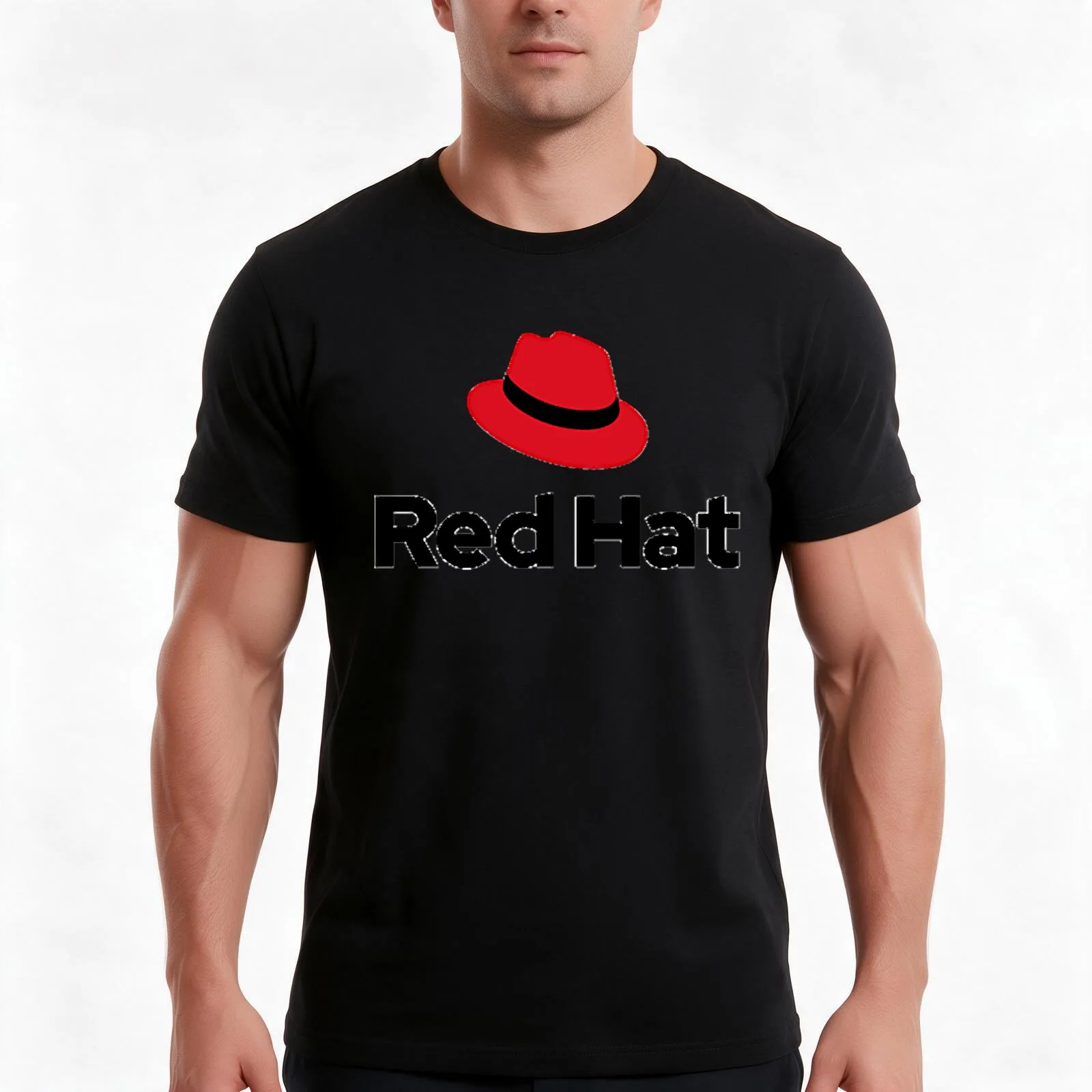 linux redhat sticker T-Shirt, Summer Casual Cotton Tee, Oversized Streetwear Tops, Vintage Graphic Print, Loose Fit Short Sleeve