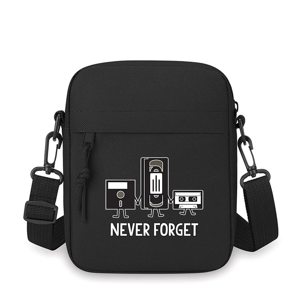 

Retro media devices holding hands never forget Men Crossbody Bag Single Shoulder Women Cartoon Anime Film Printing Design Unisex