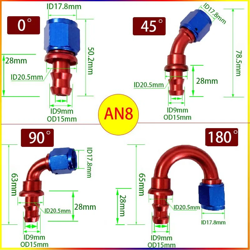Universal AN4 AN6 AN8 AN10 AN12 Push-on-Schlauchanschlüsse für Kraftstoff- und Ölkühler 0 45 90 180 Grad Wiederverwendbarer Adapter Rot Blau – Detail 6