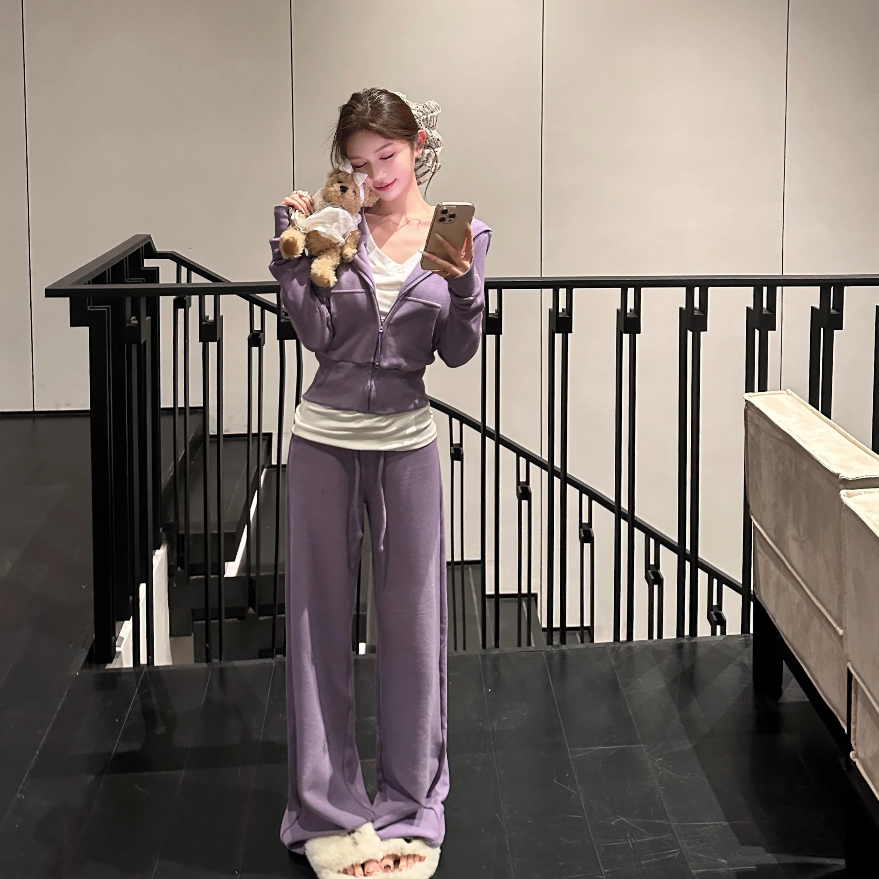 American Sle Hot Girl Violet Gaine à la taille à capuche Cardigan ouvert Sweat-shirt Femme Automne Hiver Dstring Taille haute Swe...