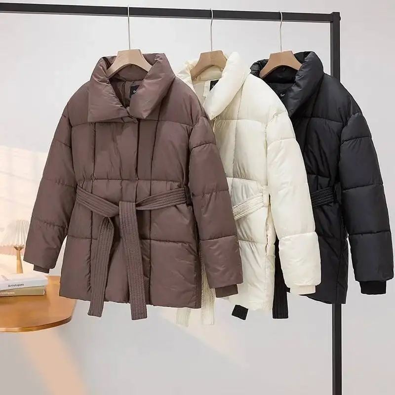 

Women Parkas Thick Warm Jackets Zipper Lapel Belt Lace Up Jacket Spliced Long Sleeves Solid Casual Coats Autumn Winter