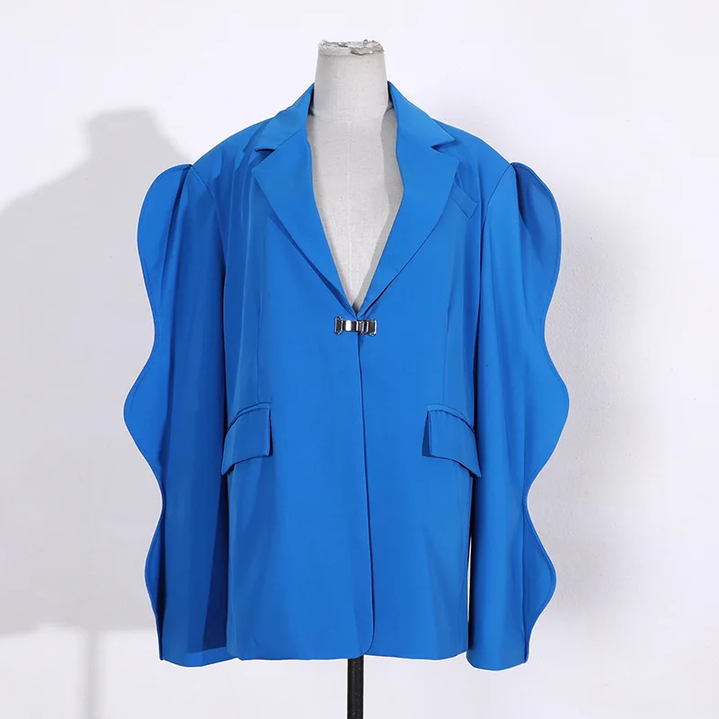 Flounce Design Suit Jacket Women\'s Autumn New Fashion Loose Notched Single Button Long Sleeve Blue Blazer s416