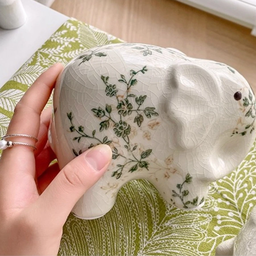 Handmade Crackle Glaze Ceramic Elephant Statue - Vintage Cracked Texture Home Decor Lucky Fortune Elephant Figurine Gift
