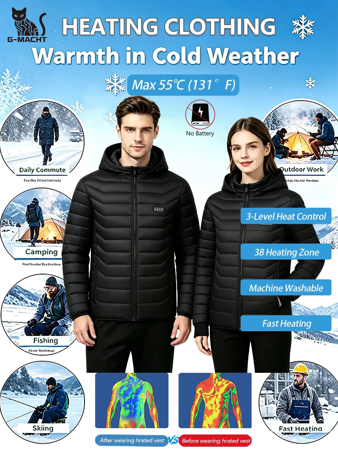 G-MACHT Unisex USB 38-Zonen Beheizte Kapuzenjacke, 4-Schalter-Steuerung, Langarm-Winterjacke für Camping, Wandern, Skifahren – Detail 1