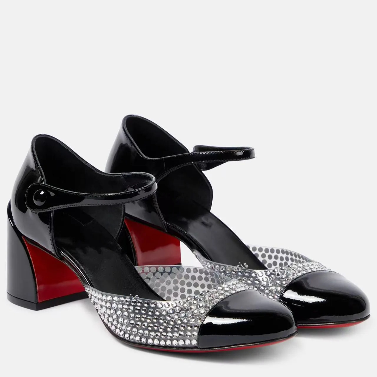 

Mary Jane Shoes Women Round Toe Rhinestones Sequins Female Pumps One-Piece Buckle Hollow Red Sole Black Leather Tacones Princess