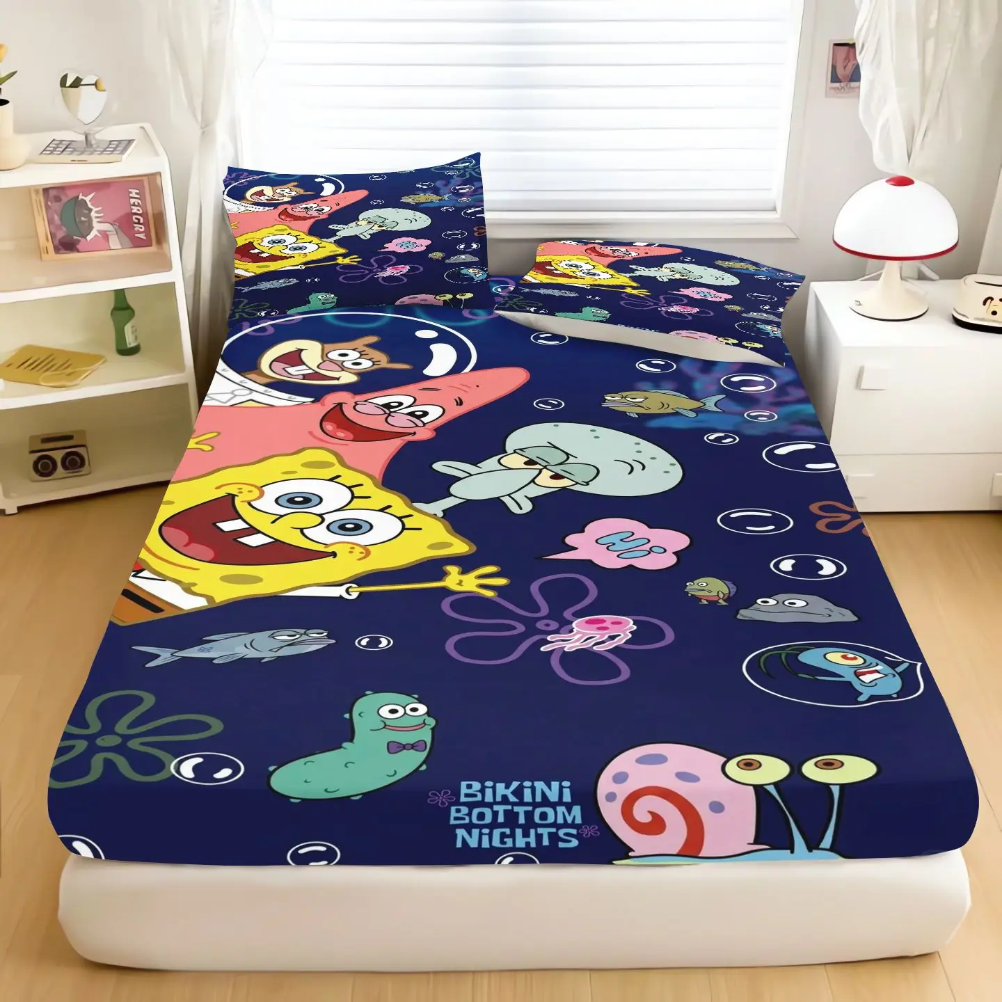 Cartoon SpongeBob Bed Sheet Set, Pink Fitted Sheet With Pillowcase, Anime Character Bedding Set, Mattress Cover For Bedroom view 3