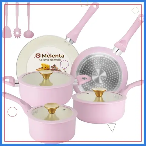 Pink Ceramic Nonstick Pots and Pans Set, 11-Piece Induction Cookware, Gold Knobs, Stay-Cool Handles