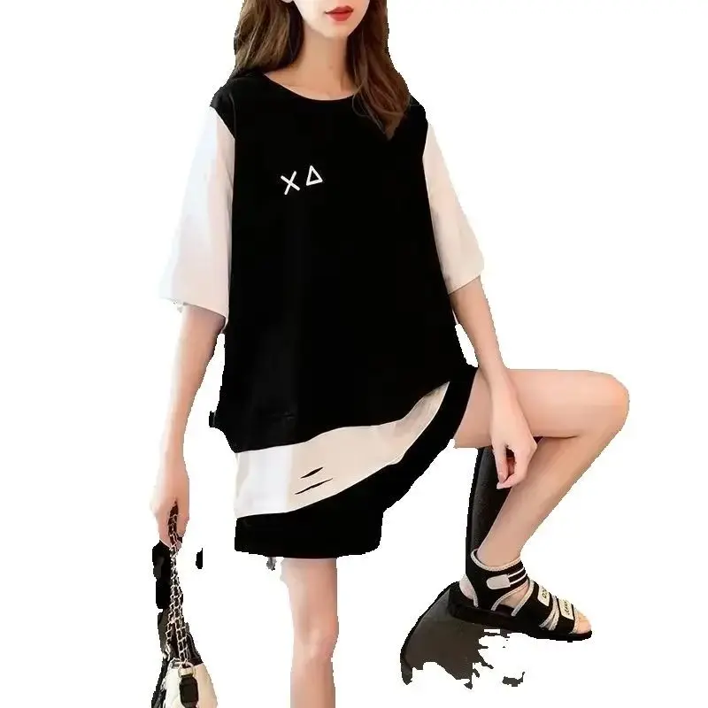 Feminino casual plus size 2 terno esportivo de duas peças verão nova camiseta solta colheita topos e shorts conjunto estudante ativo wear roupas