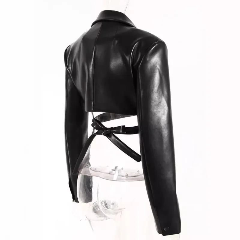 Vestes à la mode pour femmes, col à revers, Slim, croisé, à lacets, manches longues, manteau court en cuir PU, poches épissées, nouvelle collection automne