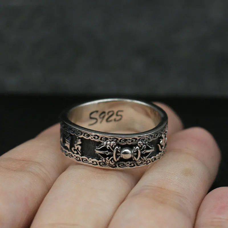 Vintage Thai silver jewelry Buddhist Scripture Demon Subduing Pestle Pure Silver Ring Six Character True Word Transit Ring, Inde