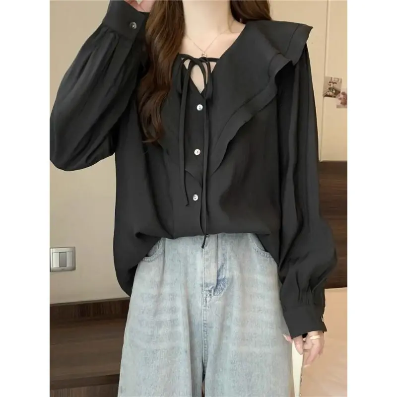 Oversized Women's Clothing Fashionable Outerwear with Ruffled Edges V-neck Long Sleeved Chiffon Shirt Belly Covering Top