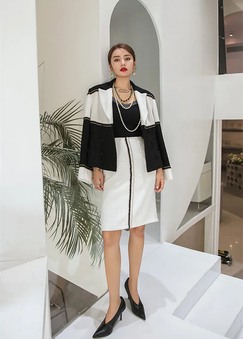 Spring Autumn Chic Elegant Women High Quality Black White Patchwork Tweed Jackets F033