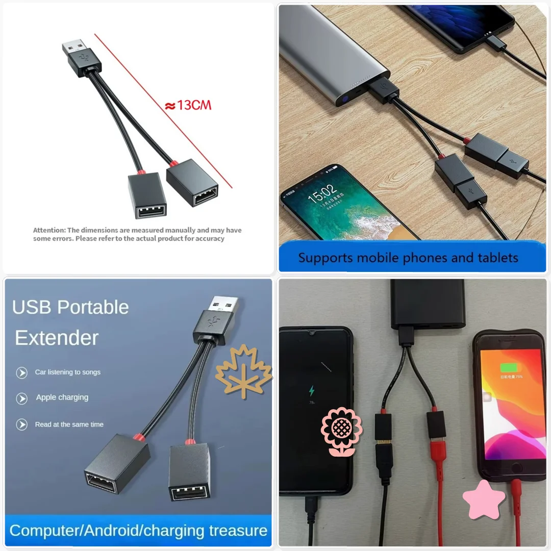 USB HUB 1 In 2 Out Car Splitter Cable Multifunction Adapter Cord Charging Ride Hailing Back Seat Phone Charge