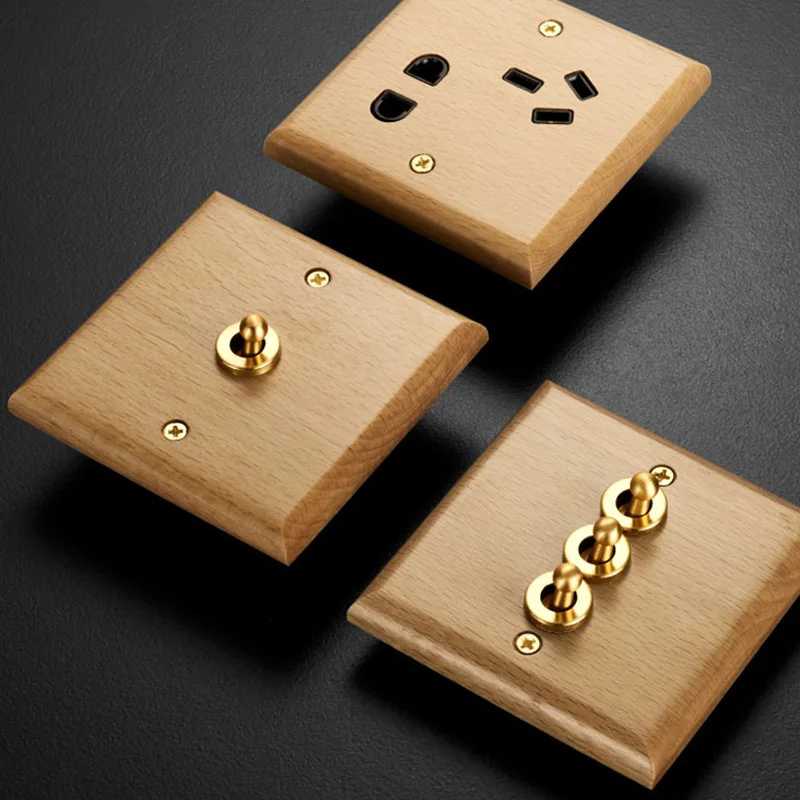 

Solid wood panel switch socket brass lever wall light switch retro style 1Gang2Way emergency alarm switch solid wood wall switch