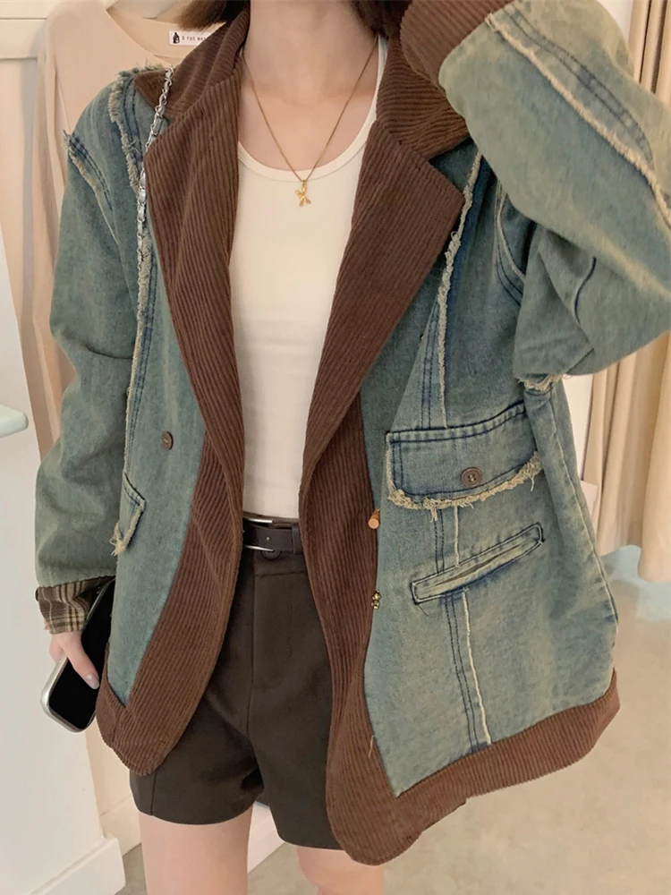 Retro Ripped Corduroy Jacket Coat Loose Casual Single-Breasted Pocket Outwear Fall Winter Long Sleeve Patchwork Denim Jackets