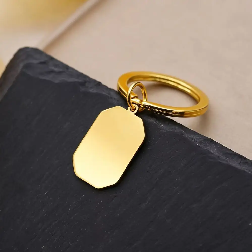 Todorova Stainless Steel Blank Rectangle Tag Keychain Charm Pendant, Gold Polished Beveled Edge Key Ring
