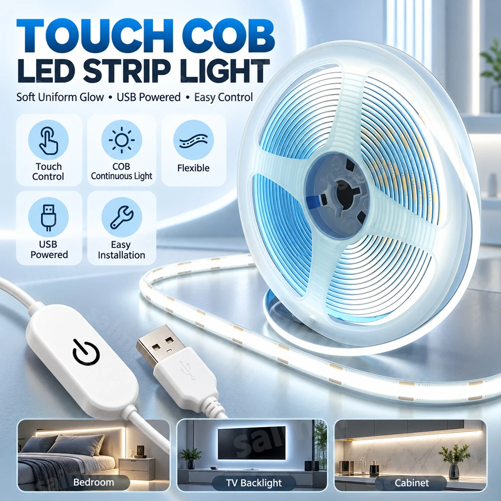 5V USB COB LED Light Strip High Density Linear Tape Flexible Touch Dimmer Self Adhesive DIY Lighting For Cabinet Mirror Bedroom
