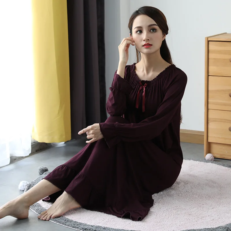 Spring Modal Nightgown Women O-Neck Soft Long Sleeve Nightdress Breathable Princess Sleepdress Home Clothes Sleepwear Plus Size