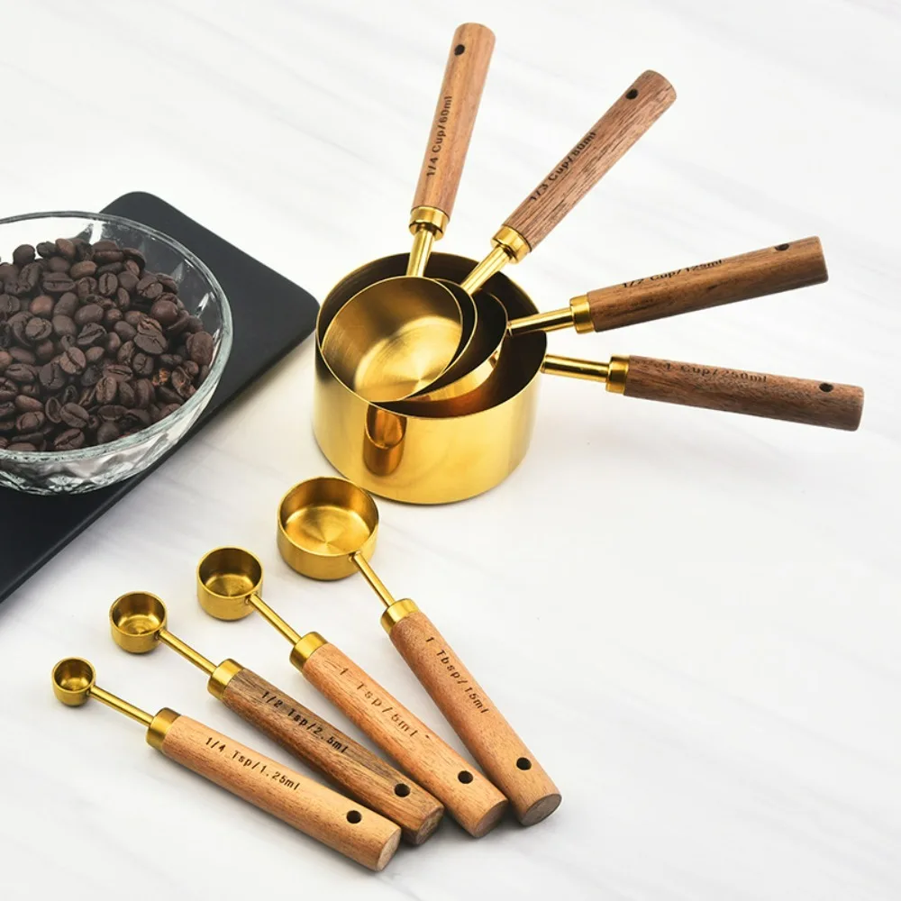 4/8 Piece Wooden Handle Stainless Steel Cup Measuring Spoon Measuring Set Accessories Baking Tools Coffee Measuring Spoon Set