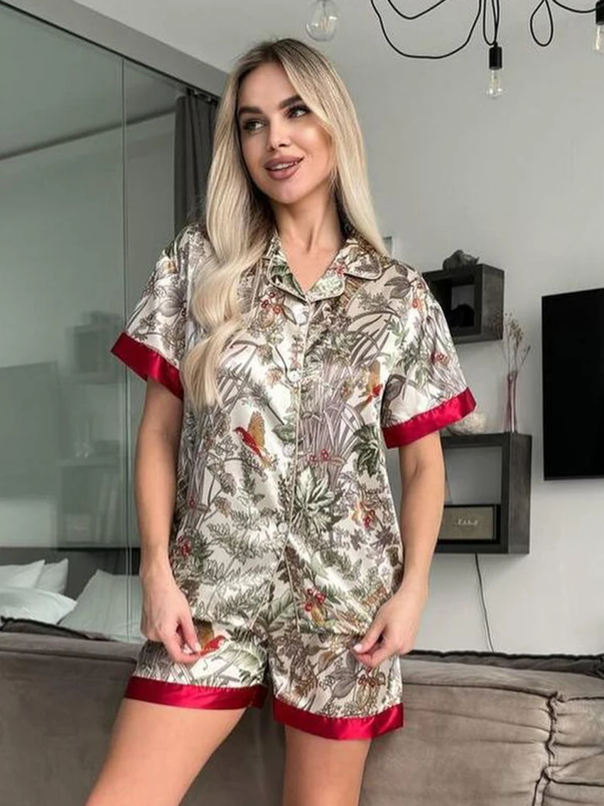 Marthaqiqi Printing Female Sleepwear 2 Piece Set Sexy Turn-Down Collar Pajamas Short Sleeve Nightwear Shorts Causal Home Clothes