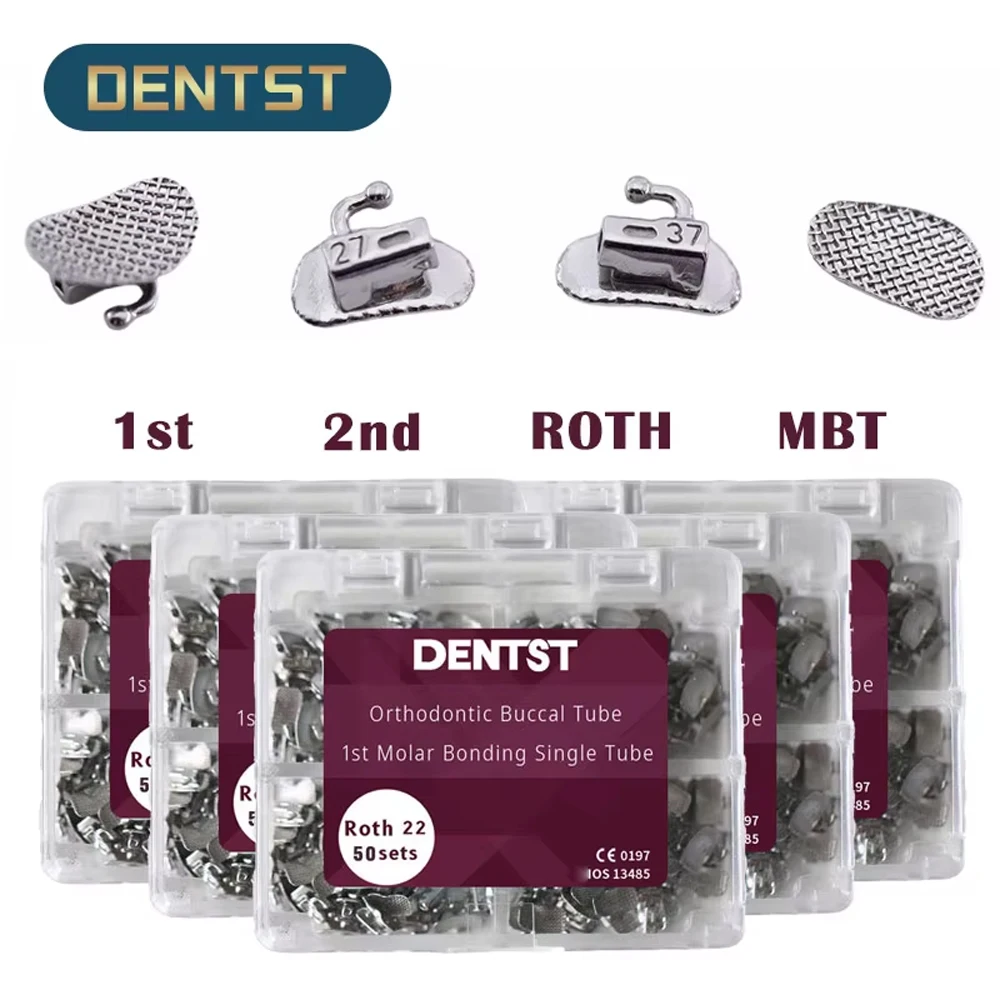 50 ensembles/200 pièces orthodontie dentaire 1er 2ème molaire Tubes buccaux collables Base en maille Non Convertible Tube unique Roth MBT 0.022