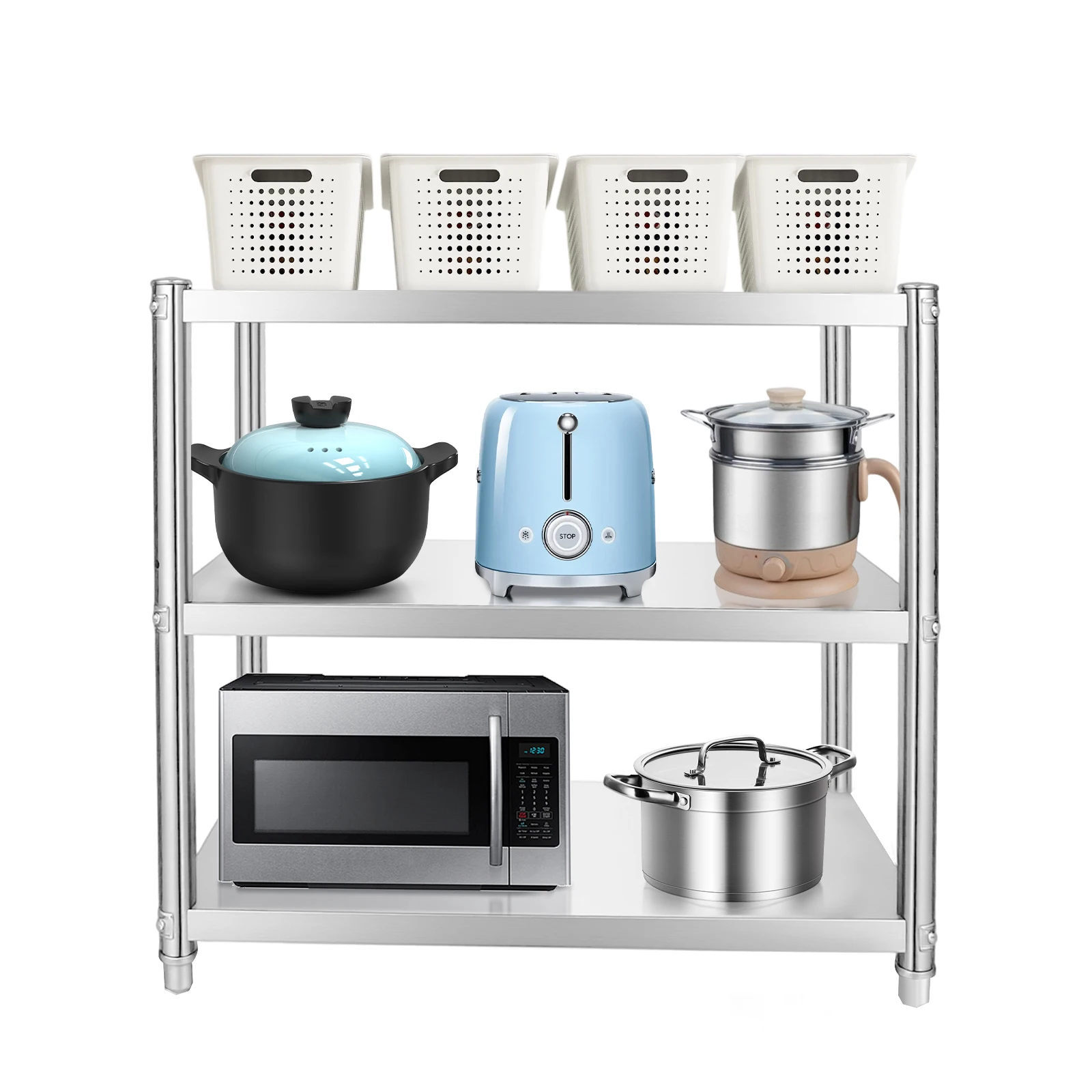 3-tier Storage Rack, 80x80x40cm 201 Stainless Steel Free Standing Shelving Unit, 6cm Adjustable Layer Gap 20-30kg Static Load Open Vent Frame Kitchen Bathroom Organizer