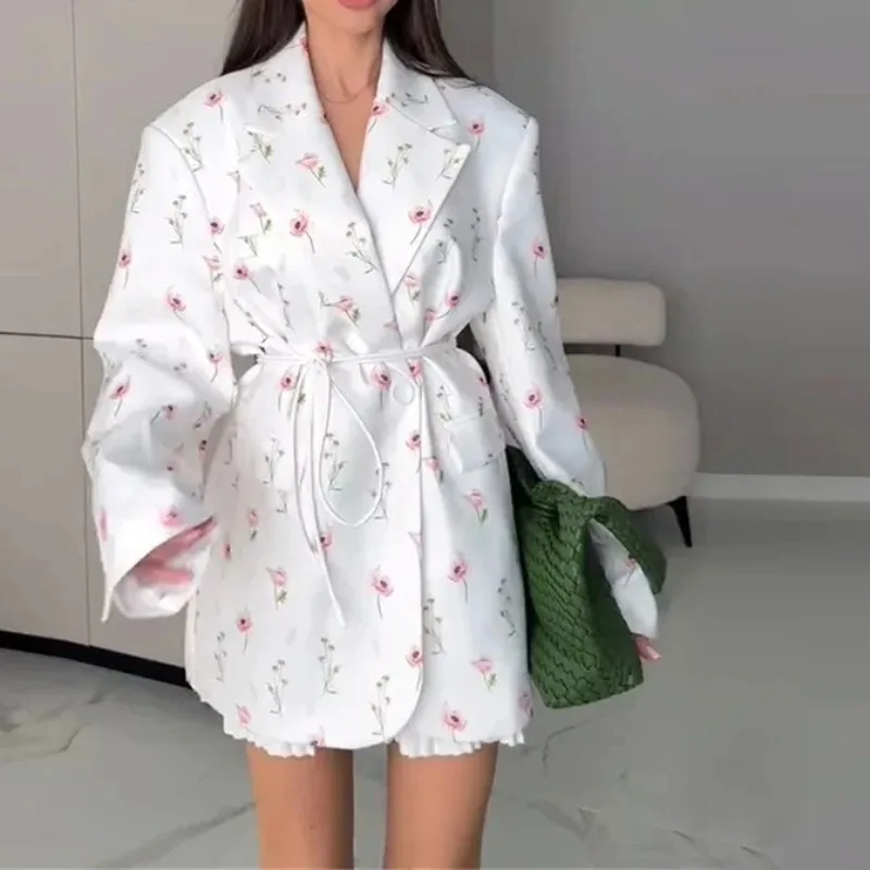 

Women's Flower Printed Loose Suit 2025 Spring/Summer New Fashion Collar Belted Waist - Cinching Suit Jacket