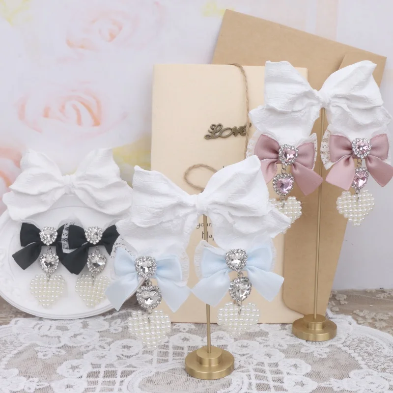 Brincos lolita feitos à mão com laço, strass, coração, pérola, pingente, clipes para sem piercing de orelha, agulha de prata 925