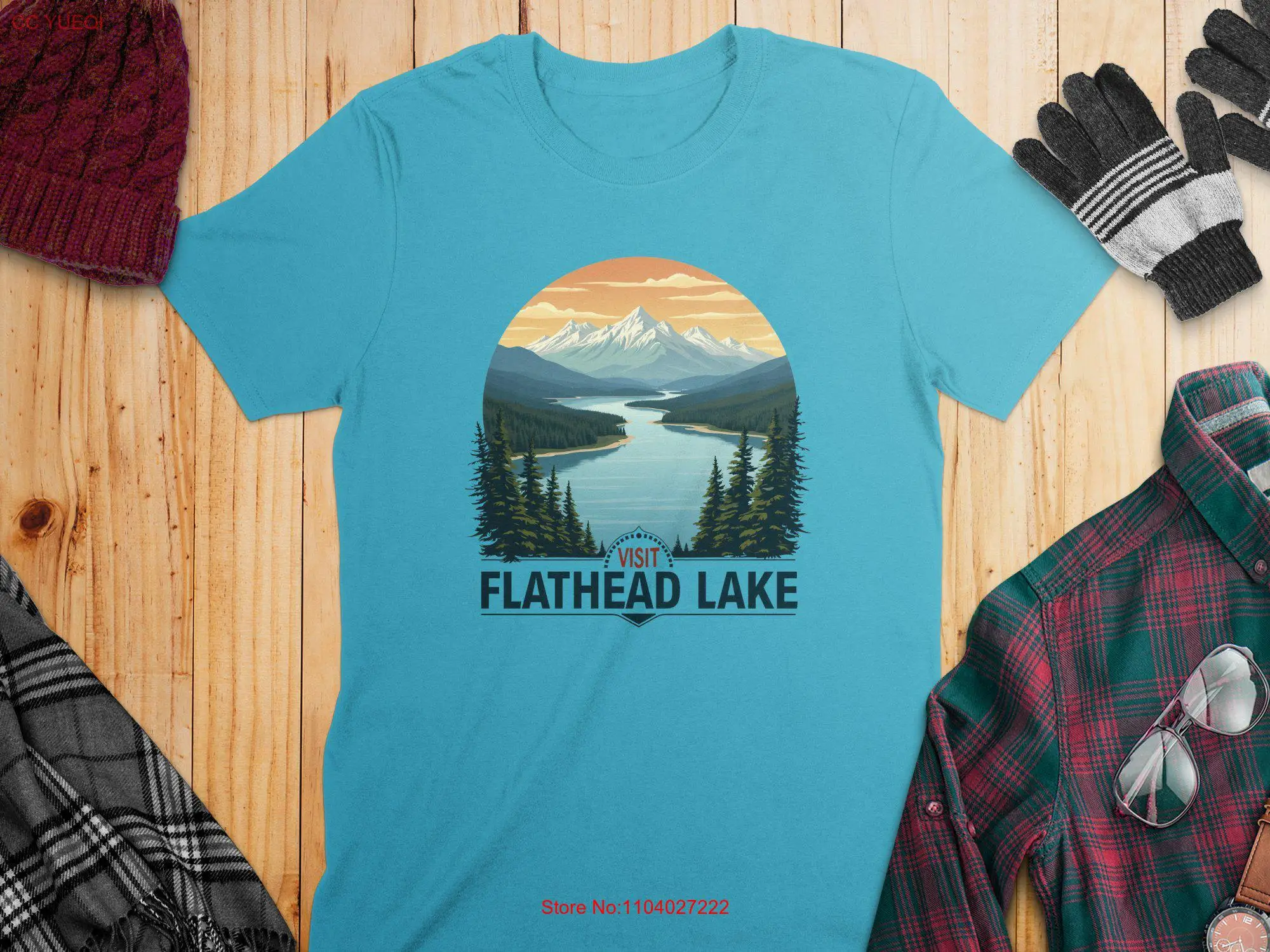 Visit Flathead Lake T Shirt Montanas Souvenir Scenic Lakeside Nature USA Mountain Vacation Top long or short sleeves