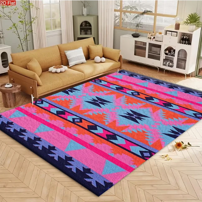 Pink Orange Blue Southwest Tribal Geometric Carpet Flooring, Ethnic Aztec Non-Slip Floor Rug for Living Room Bedroom Home Decoration
