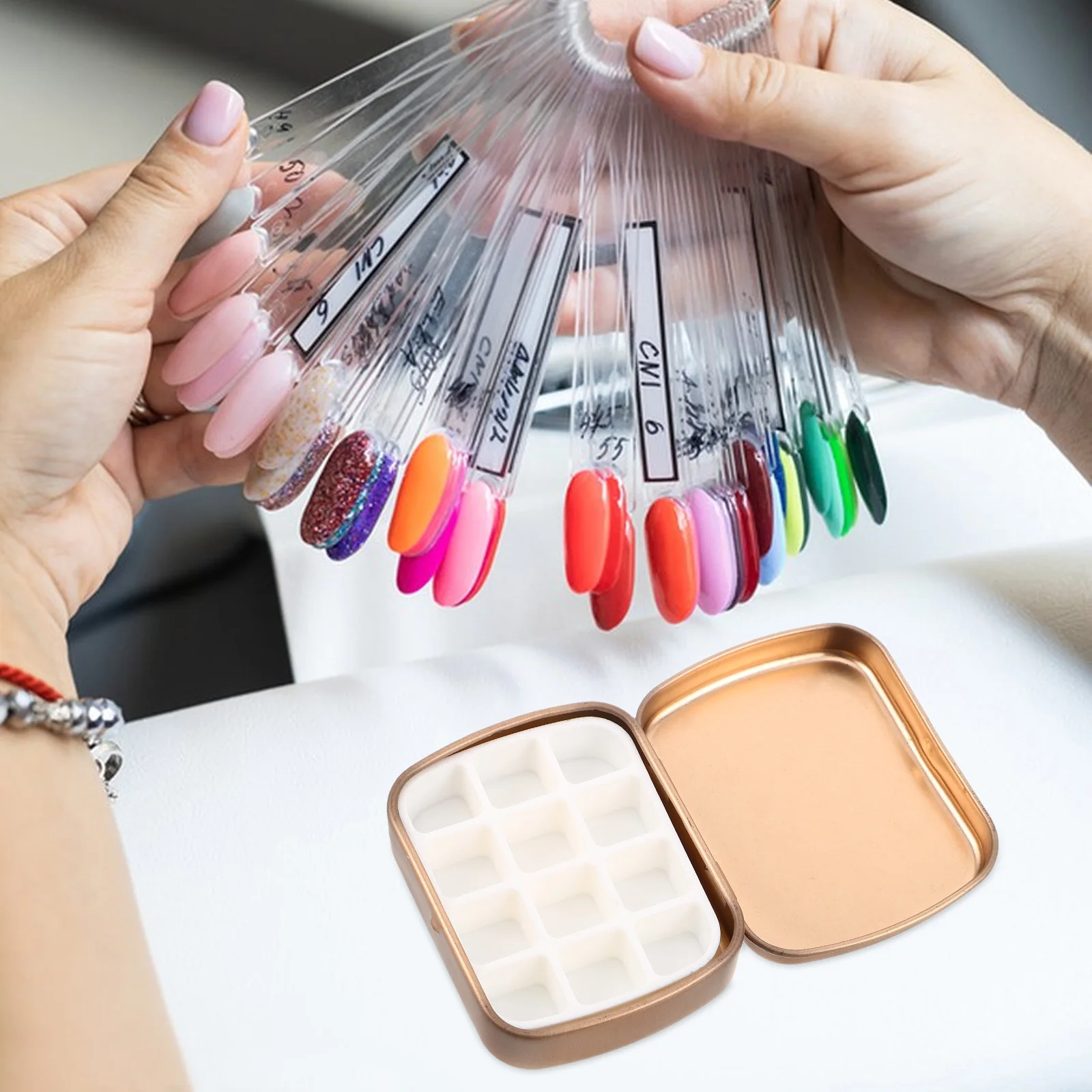 

12-Well Nail Art Palette Empty Gel Polish Mixing Box Portable Rose Gold Storage Container For Manicure Diy Travel