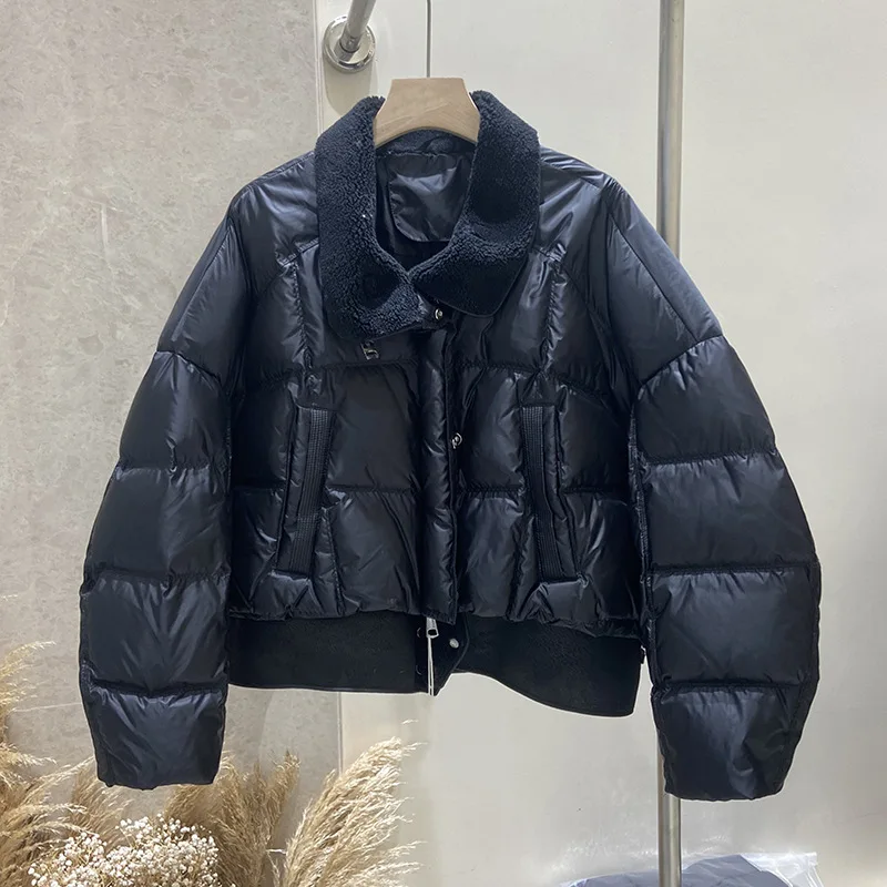 Fashion Lamb Wool Spliced Lapel Collar Puffer Jacket Women's Temperament Versatile Thicken Warm Overcoat 2025 Female Winter Coat