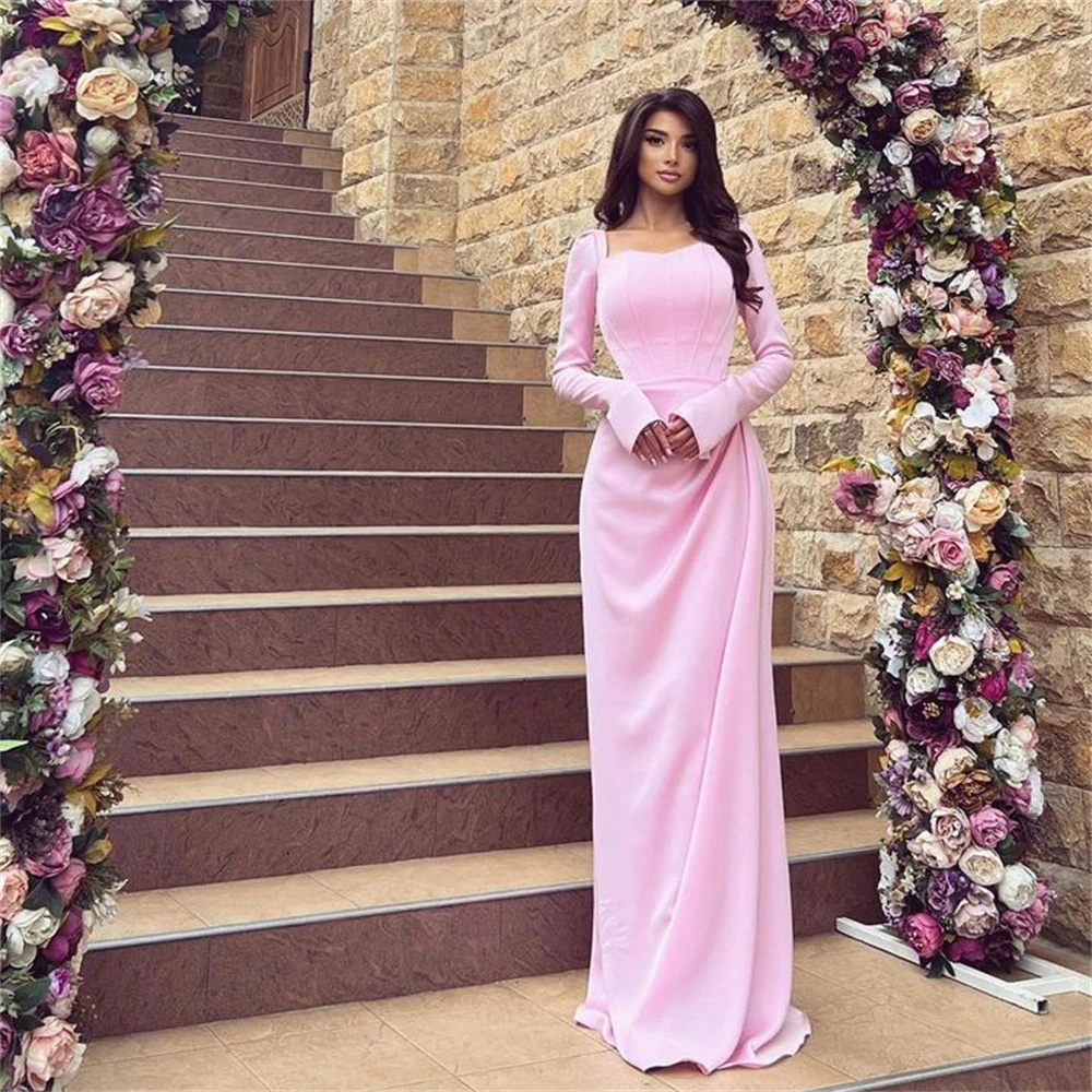 Tarot Pink Square Neck Ankle Length Evening Dresses Mermaid Long Sleeves Satin Formal Prom Party Dress Pleated vestidos de festa