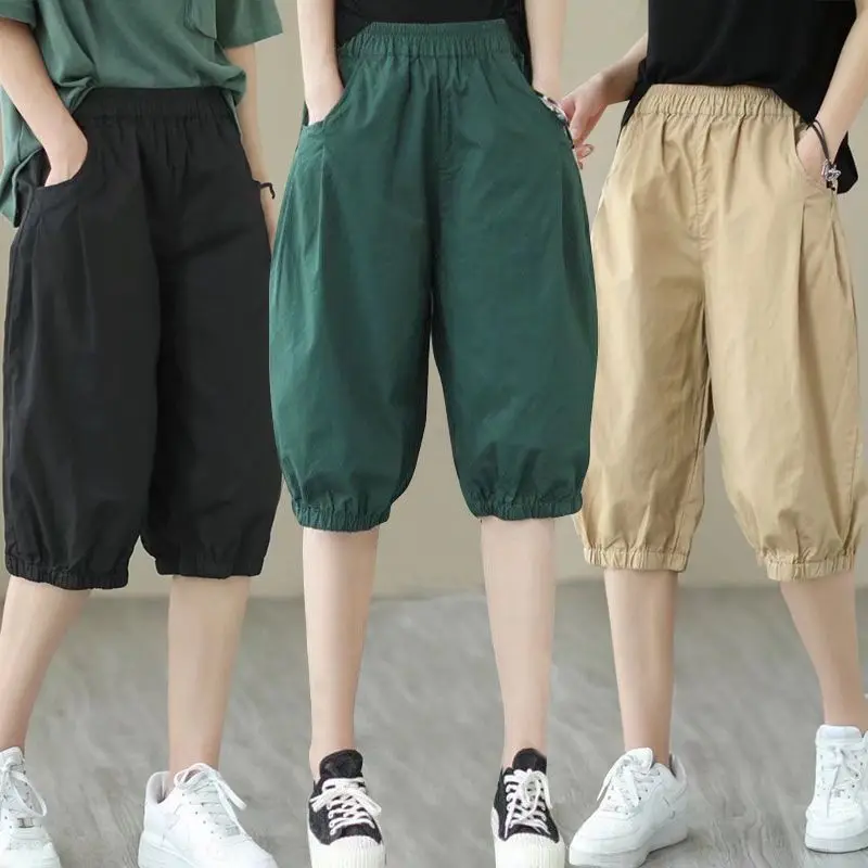 

Ladies Vintage Solid Color Elastic Waist Five Quarter Pants Summer Loose All-match Pocket Harem Women Clothing Office Lady Pants