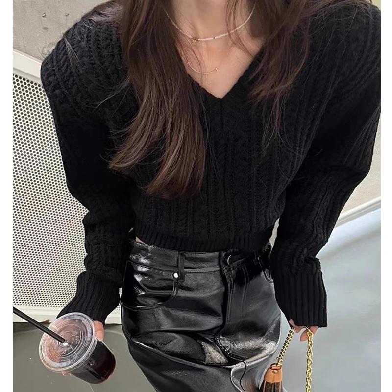 Autumn knitted Twist Sweaters Korean Fashion V Neck Women Cropped Sweater Casual Pullover Shoulder Padded Long Sleeve Tops 28836