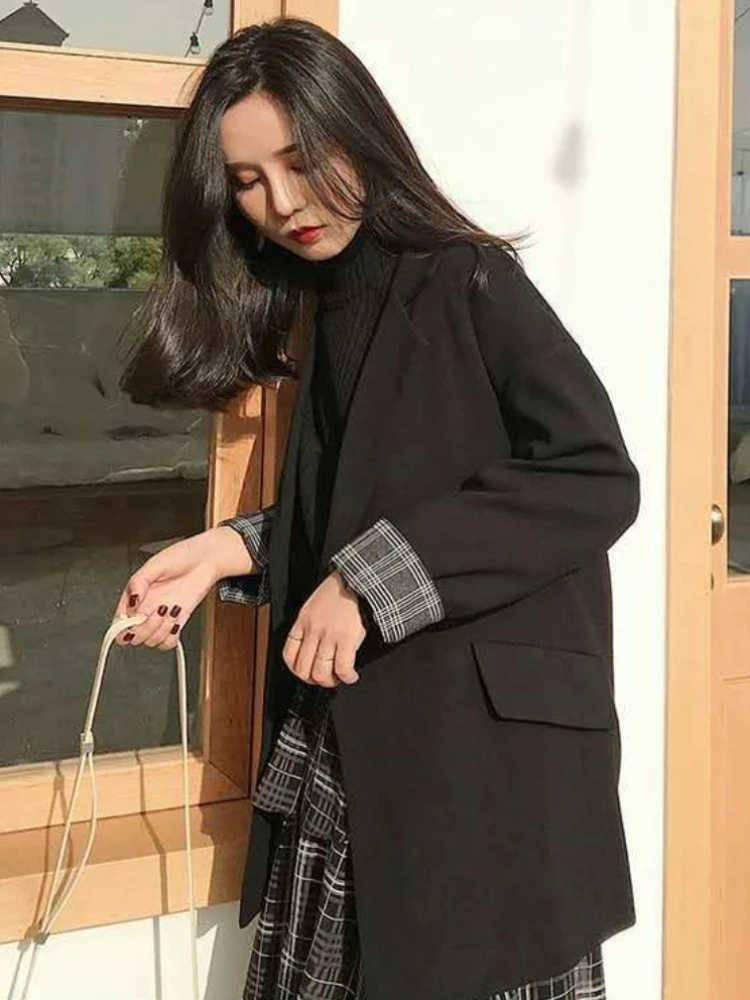 

​Women's Drapey Korean Style Blazer Loose Fit 2025 S/S New Casual Versatile Patchwork Plaid Cuffs Mid Length Office Wear​